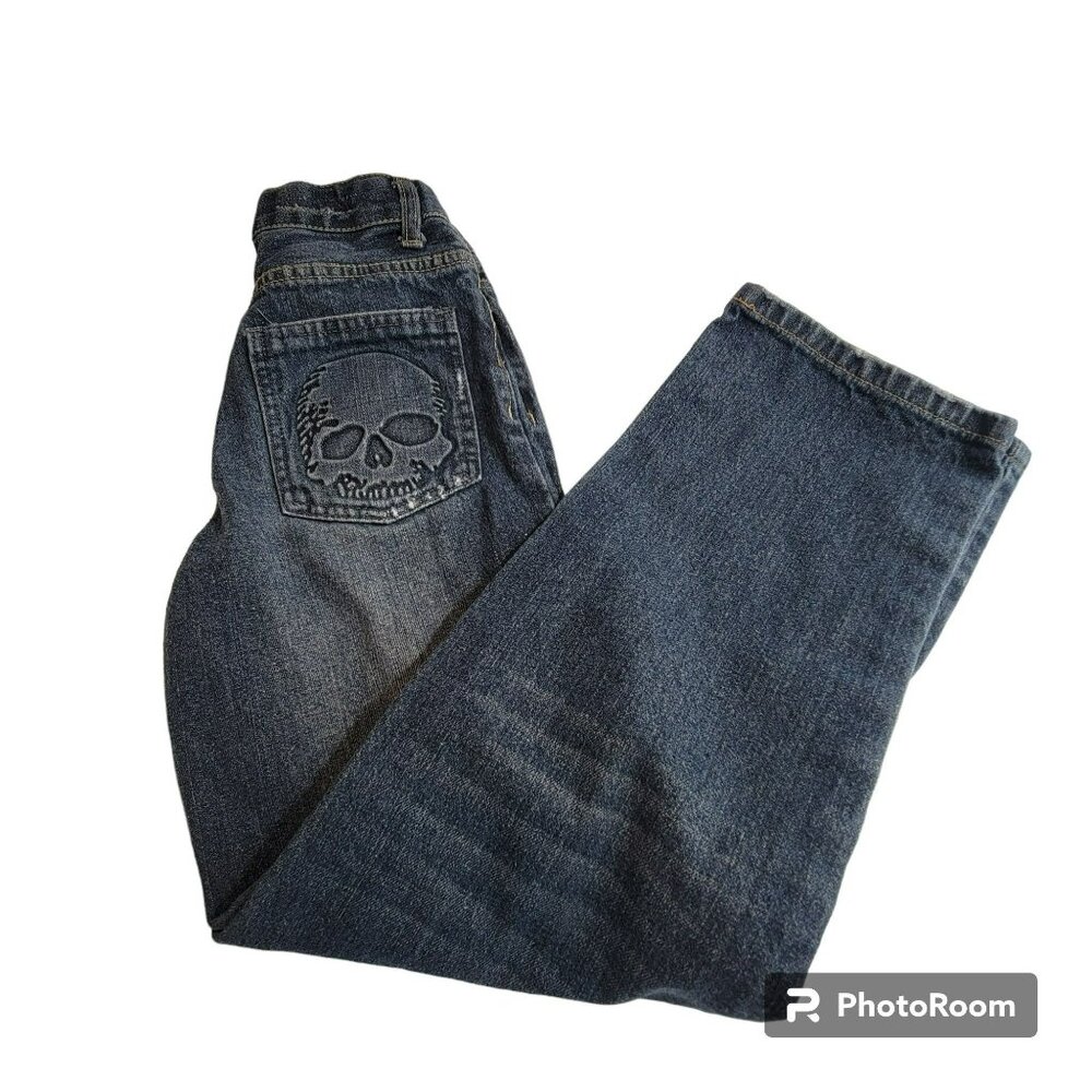 Cherokee Denim Jeans, Boy's 12, Blue , Back Pocket Embossed Skull, Cotton, EUC